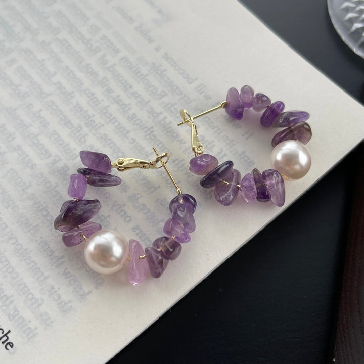 Gemstone Hoop Pearl Earrings – Amethyst, Rose Quartz & Aventurine