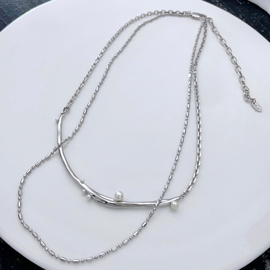 Modern Layered Silver Necklace with Pearl Accents – Adjustable Dual Chain