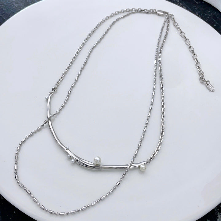 Modern Layered Silver Necklace with Pearl Accents – Adjustable Dual Chain