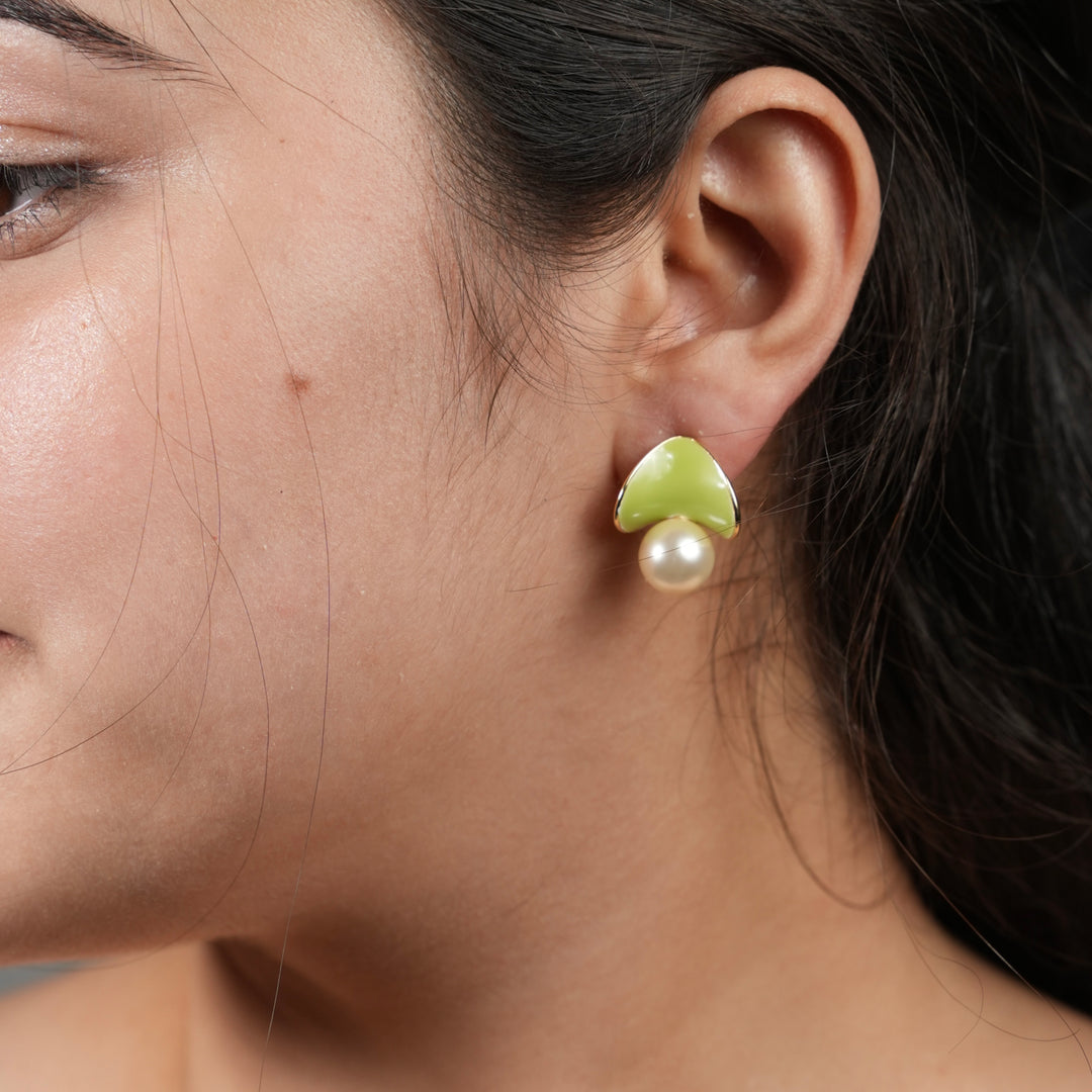 Enamel Fan & Pearl Drop Earrings – Mint & Lime Statement Studs