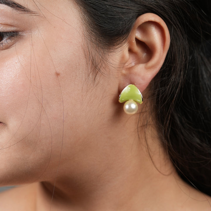 Enamel Fan & Pearl Drop Earrings – Mint & Lime Statement Studs