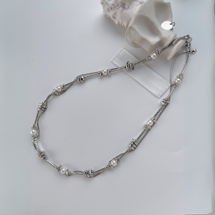 Layered Silver Pearl Necklace – Double Chain with Knot Details