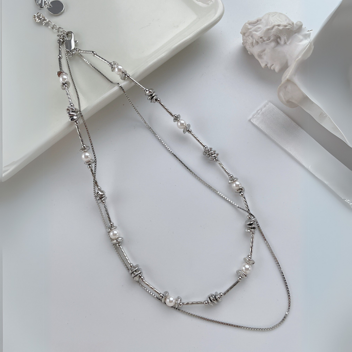Layered Silver Pearl Necklace – Double Chain with Knot Details