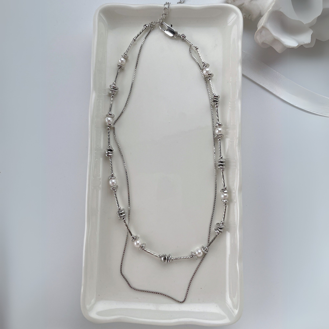 Layered Silver Pearl Necklace – Double Chain with Knot Details