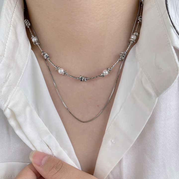 Layered Silver Pearl Necklace – Double Chain with Knot Details