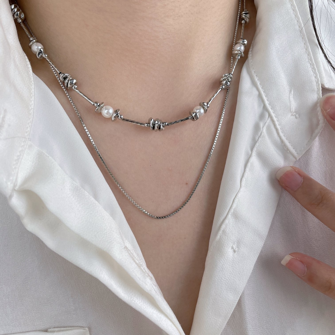 Layered Silver Pearl Necklace – Double Chain with Knot Details
