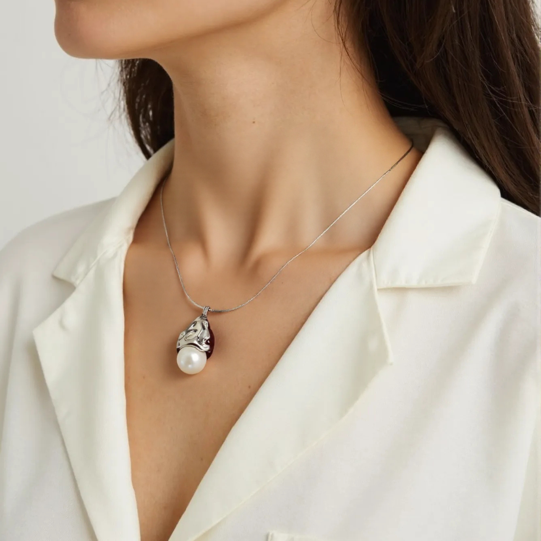 Molten Silver Pearl Pendant Necklace