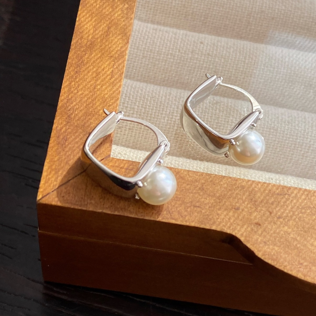 Modern Pearl Drop Square Hoop Earrings