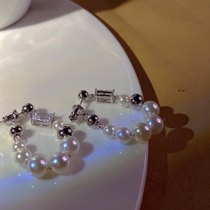 Luna Luxe Silver Pearl Bead Hoop Earrings