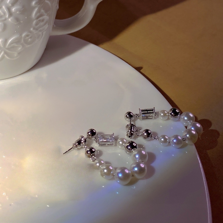 Luna Luxe Silver Pearl Bead Hoop Earrings