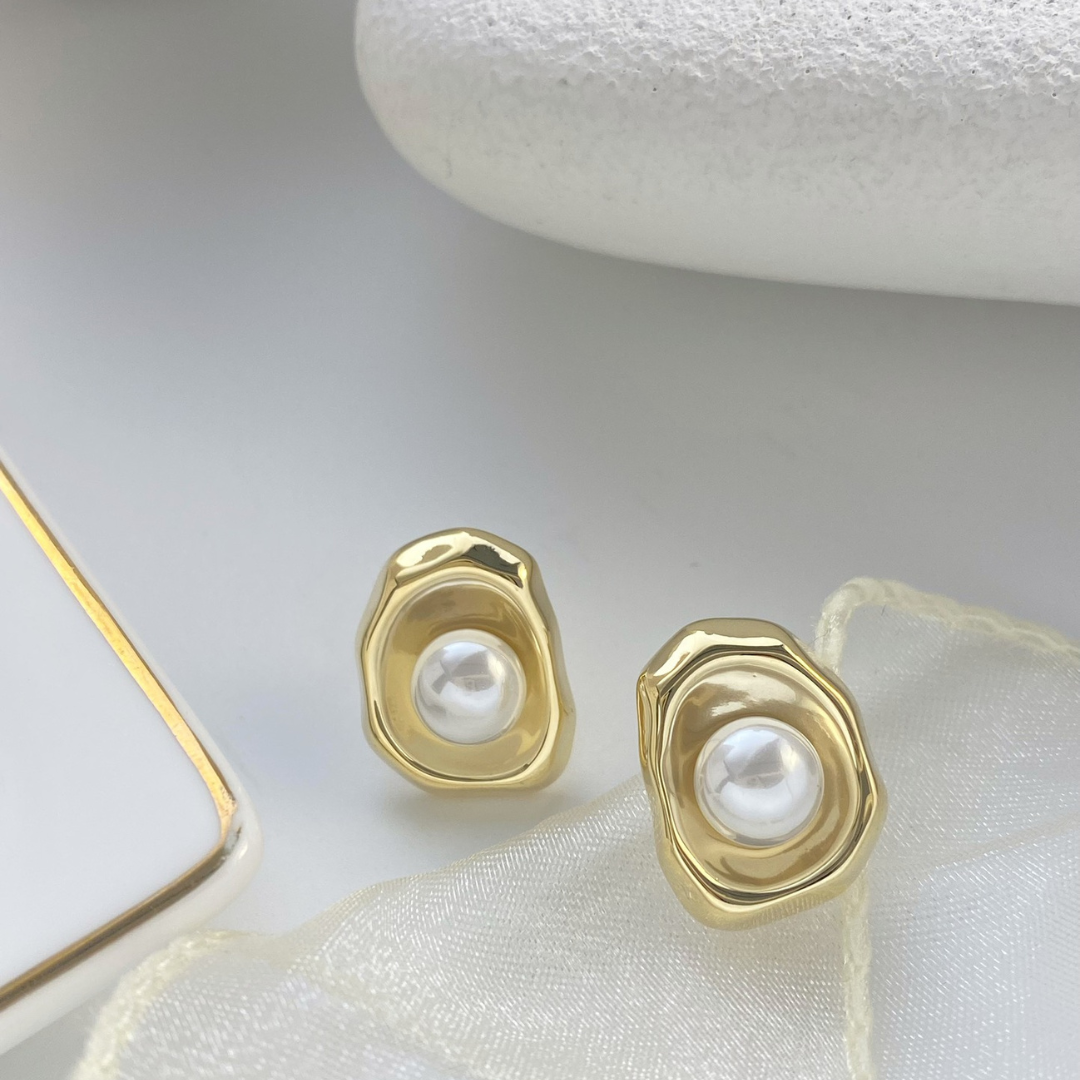 Molten Gold Pearl Stud Earrings