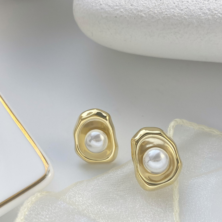 Molten Gold Pearl Stud Earrings