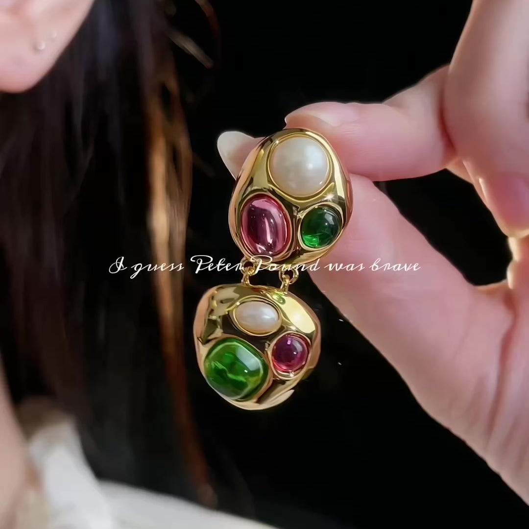 Vintage Jewel Drop Earrings – Colorful Cabochons on Gold