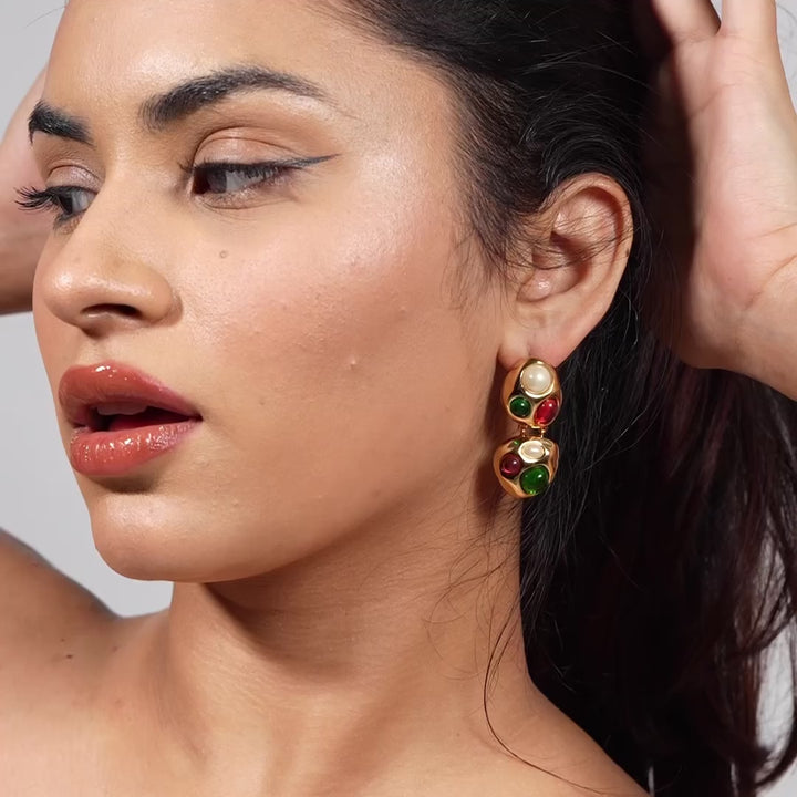 Vintage Jewel Drop Earrings – Colorful Cabochons on Gold