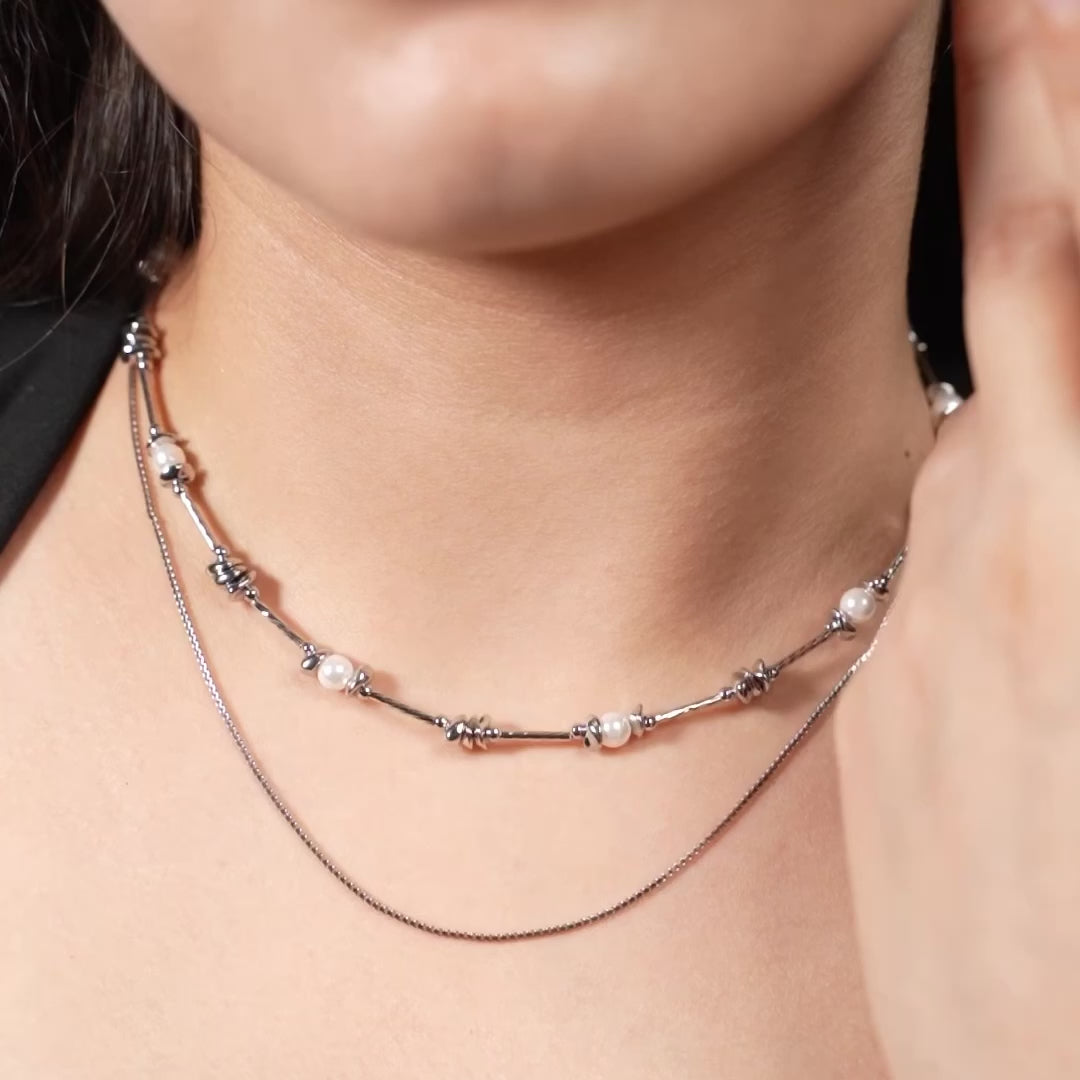 Layered Silver Pearl Necklace – Double Chain with Knot Details