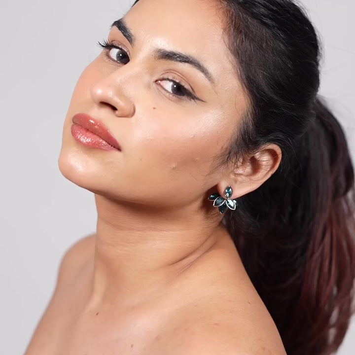 Crystal Leaf Cluster Stud Earrings – Gold Bloom Design in Blue & Silver