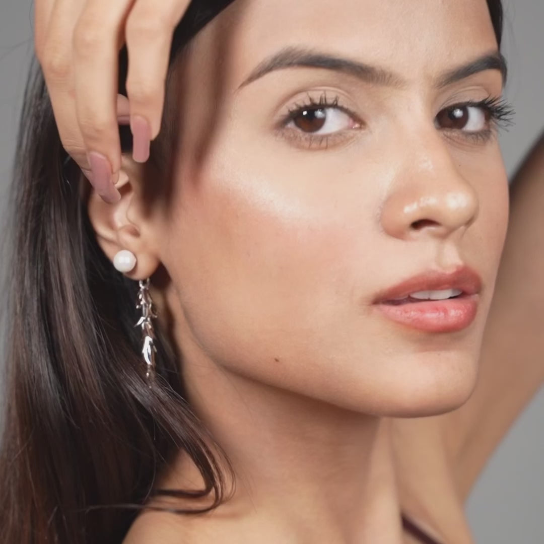 Pearl Leaf Cascade Earrings – Silver Drop Dangles