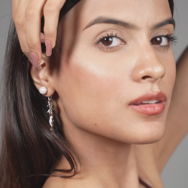 Pearl Leaf Cascade Earrings – Silver Drop Dangles