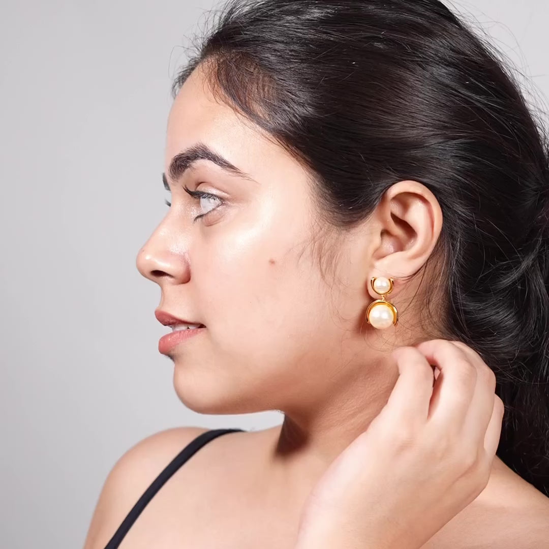 Double Pearl Drop Earrings – Gold Minimal Frame Studs