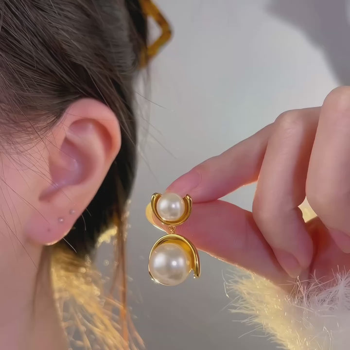 Double Pearl Drop Earrings – Gold Minimal Frame Studs