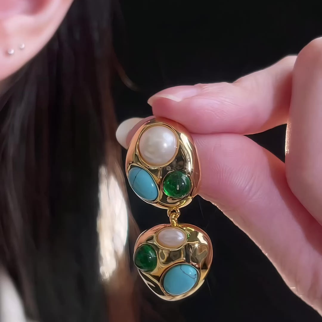 Vintage Mosaic Dual-Drop Earrings – Gold, Pearl & Turquoise Accents