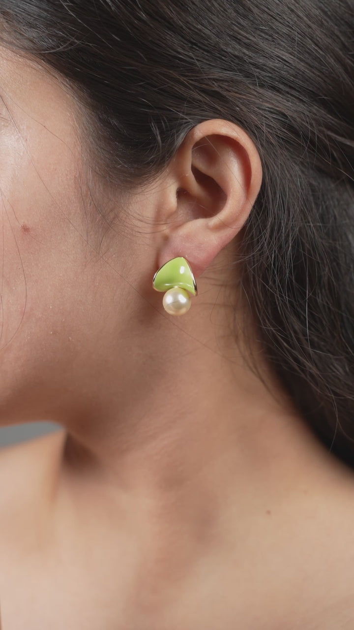 Enamel Fan & Pearl Drop Earrings – Mint & Lime Statement Studs