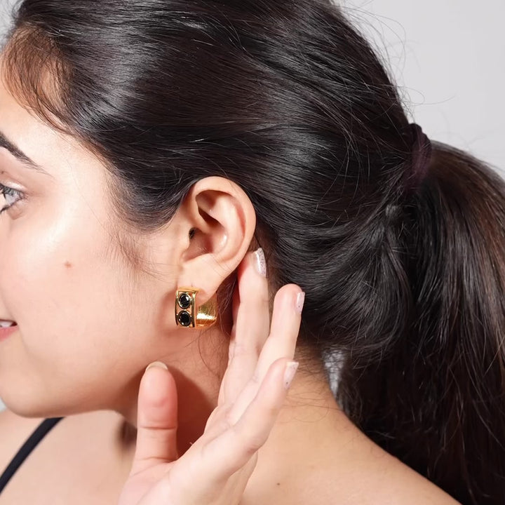 Bold Emerald Double Stone Gold Huggie Hoop Earrings