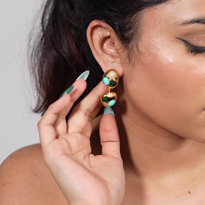 Vintage Mosaic Dual-Drop Earrings – Gold, Pearl & Turquoise Accents