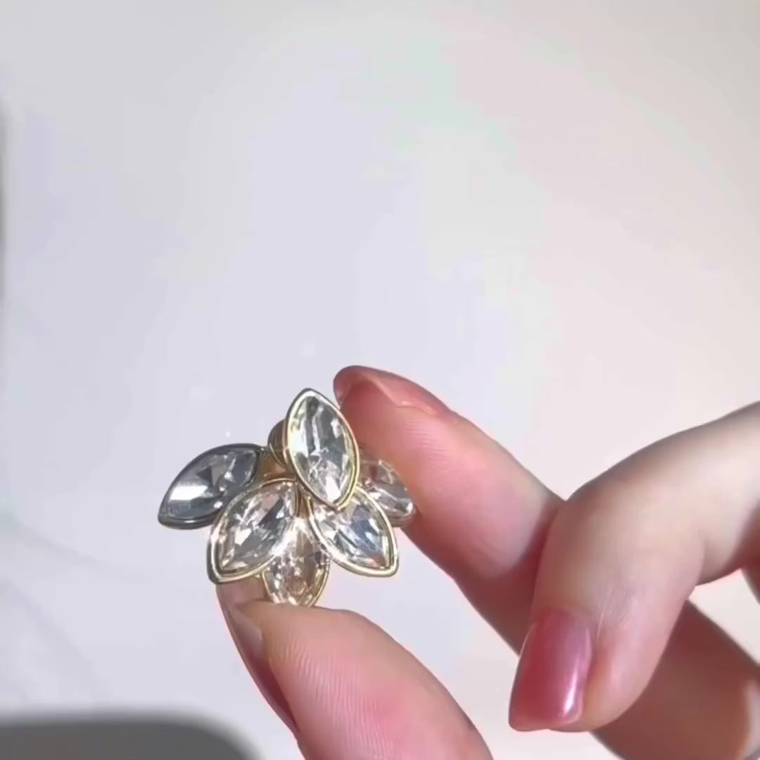 Crystal Leaf Cluster Stud Earrings – Gold Bloom Design in Blue & Silver