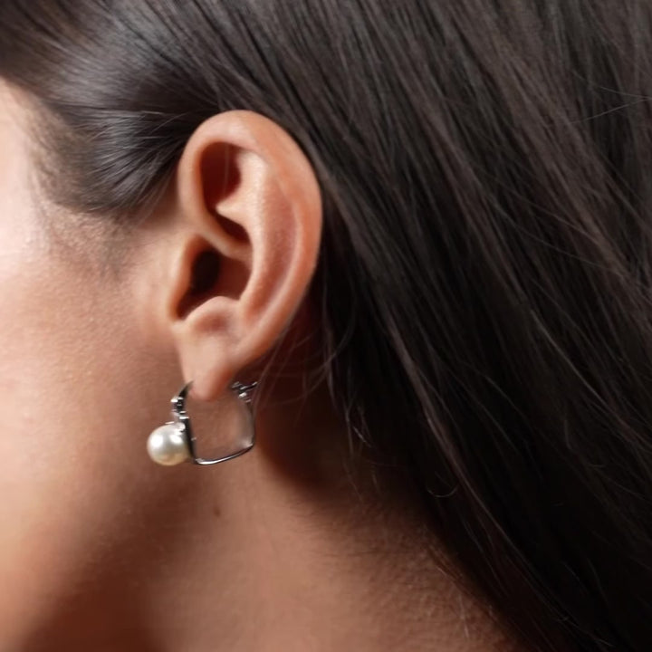 Modern Pearl Drop Square Hoop Earrings
