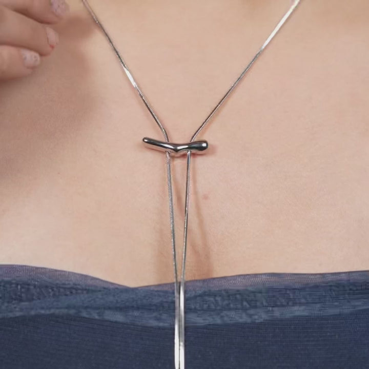 Sculptural Silver Y-Lariat Necklace – Adjustable Minimalist Chain