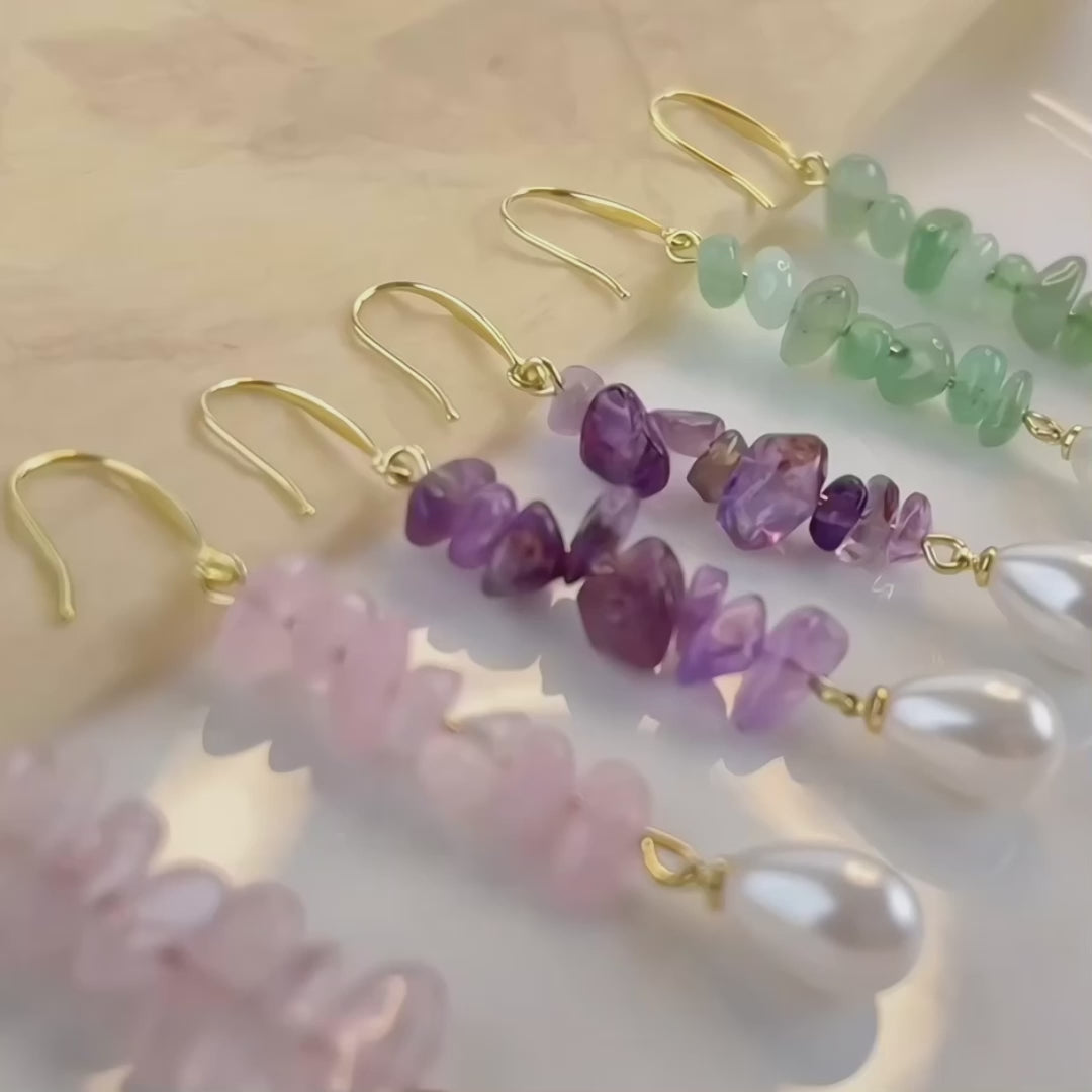 Gemstone & Pearl Drop Earrings – Gold Hook in Amethyst, Green Aventurine & Rose Quartz