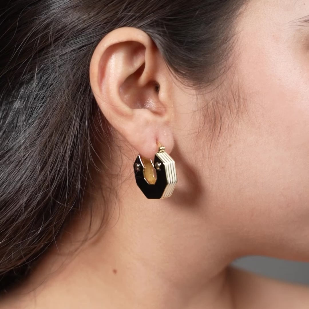 Black & Gold Octagon Hoop Earrings – Modern Geometric Statement