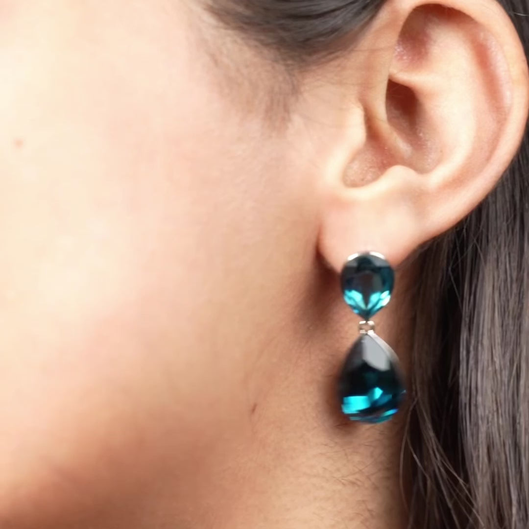 Double Teardrop Crystal Earrings – Elegant Drop Studs in Blue, Pink & Clear