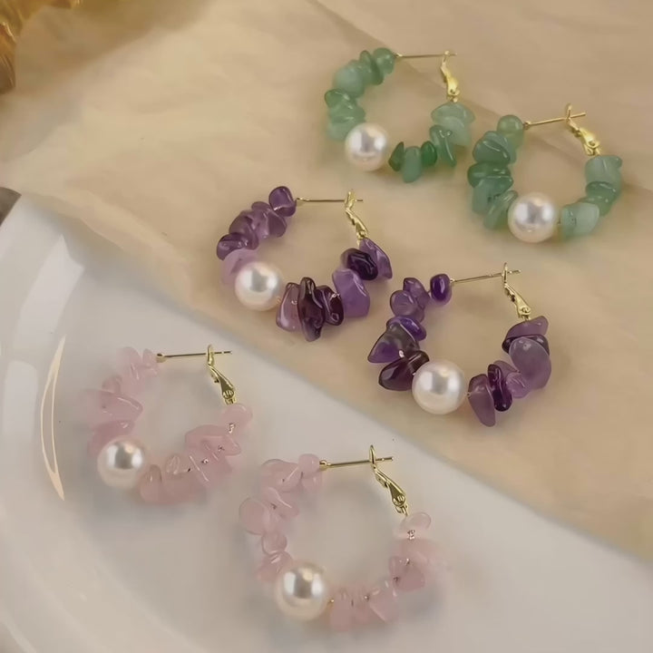 Gemstone Hoop Pearl Earrings – Amethyst, Rose Quartz & Aventurine