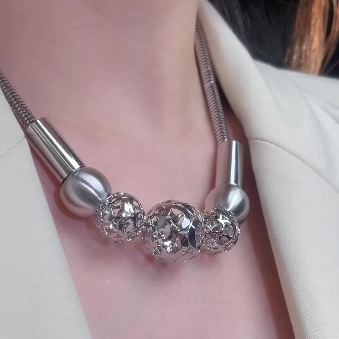 Statement Sculptural Silver-Tone Bead Choker Necklace