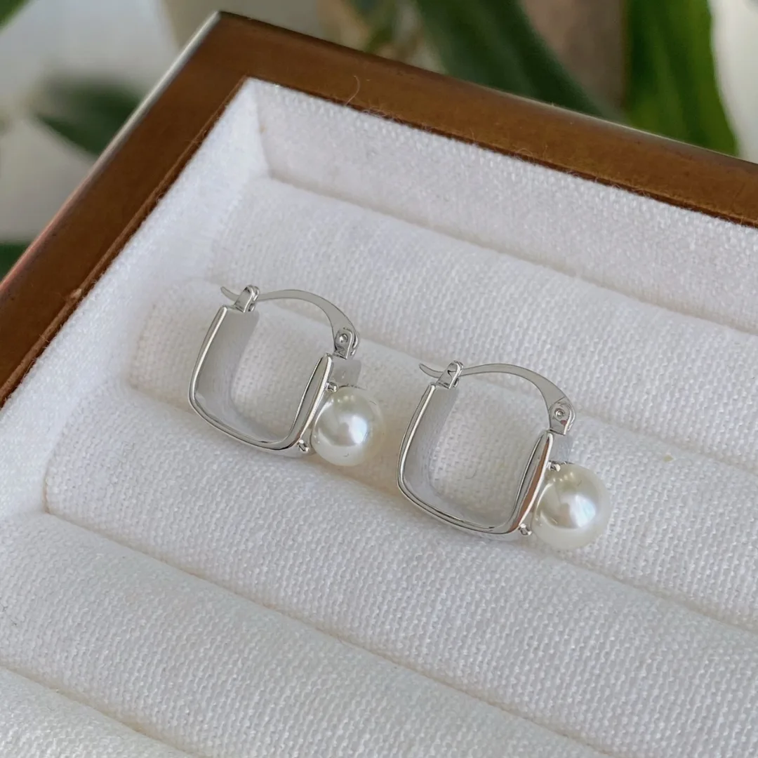 Modern Pearl Drop Square Hoop Earrings