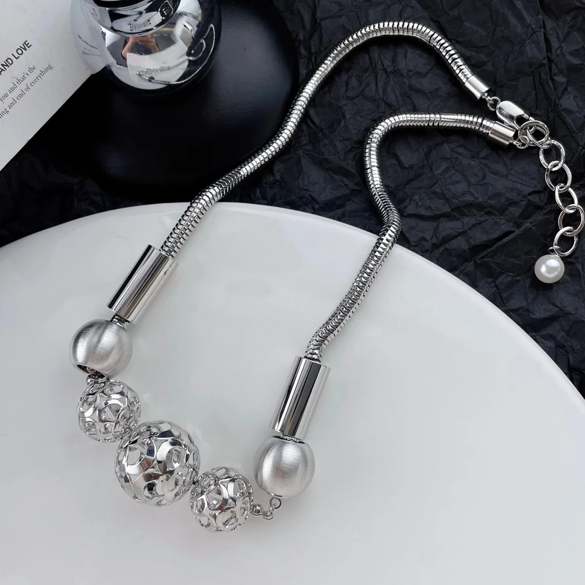 Statement Sculptural Silver-Tone Bead Choker Necklace